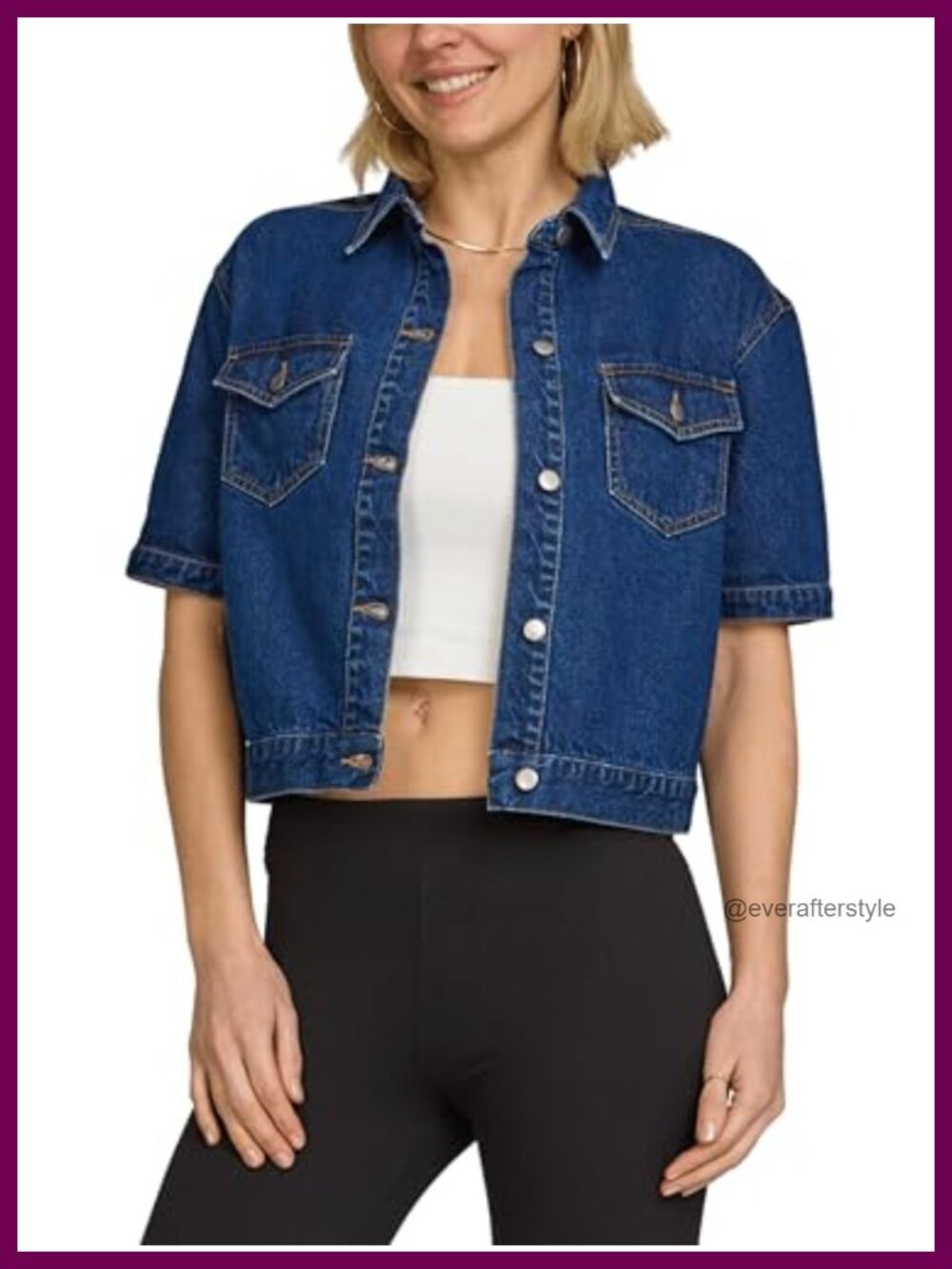 Cropped Denim Jacket Short Sleeve Button Front Women Lightweight